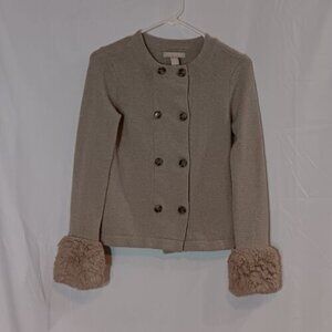 Banana Republic Cardigan Sweater Faux Fur Cuffs Beige Wool Cashmere Ladies XS